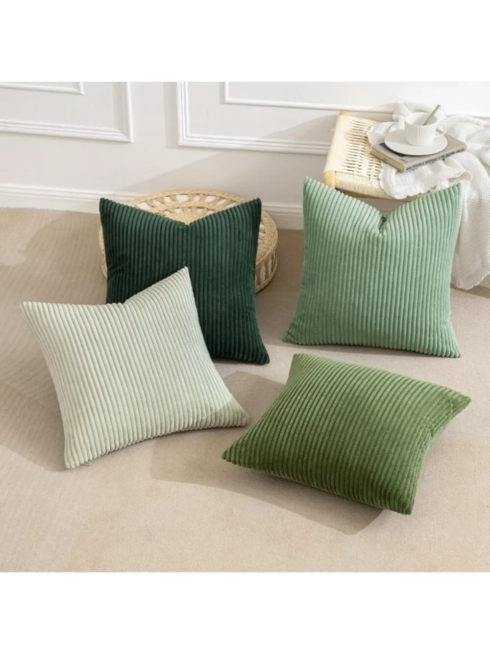 Boho Farmhouse Sage Green Throw Pillow Covers 18x18 Set of 4 - Soft Corduroy